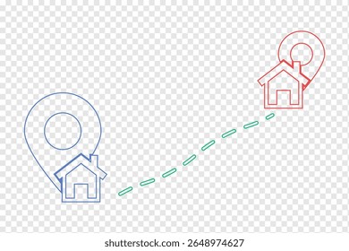 Ruta entre los marcadores de pin de ubicación y el icono de inicio en el mapa de carreteras de la ciudad. Concepto para infografía del sistema de navegación GPS. Icono de Locación. Conjunto de iconos de pin de mapa. marcador de ubicación. pin de ubicación. Vector de icono de pin de mapa 