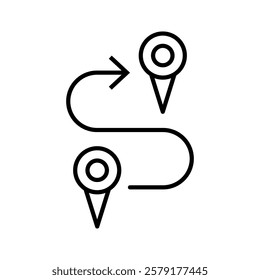 Route between two map pins, indicating direction and travel, isolated on a white background. Geolocation map path distance. Vector illustration.
