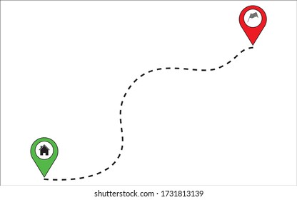 Route between two map pointers. Vector illustration of road from start to finish. Concept of distance and direction of travels. Map pin and track line.