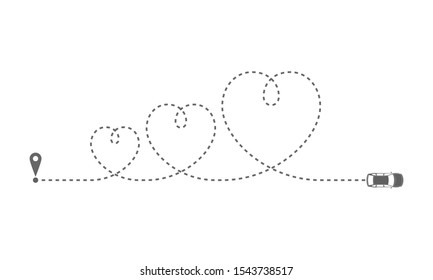 Route of the car as dotted line in the form some hearts. Car moving on its route on white background. Travel concept. Vector illustration