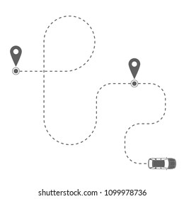 The route of the car in the form of a dotted line. Abstract grey car moving on its route on white background. Travel concept vector illustration