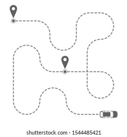 Route of the car in the form of a dotted line. Abstract grey car moving on its route on white background. Travel concept. Vector illustration