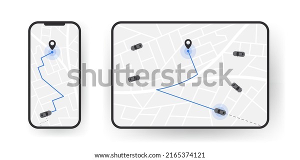 The route of the car on the\
device map. Traveling by car. Distance tracking. Vector\
illustration