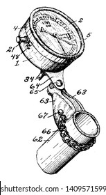 Route Compass is a device used to determine geographic direction, vintage line drawing or engraving illustration.