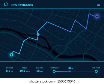 Route Dashboard. Futuristic Route UI, GPS Tracking Map Navigator With City Street, Mobile Interface Mapping Technology, Vector Running App Sign Track Navigate Design