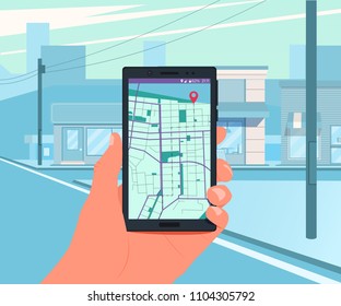The route to the destination. Hand holding smartphone with navigation app. Vector illustration