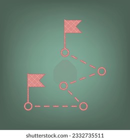 Route with flags sign. Apricot Icon with Brick Red parquet floor graphic pattern on a Ebony background. Feldgrau. Green. Illustration.