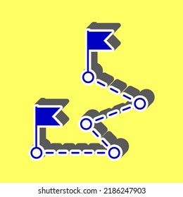 Ruta con la señal de las banderas. Icono azul con trazo blanco en 3d en fondo amarillo. Ilustración.