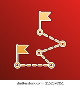 Route with flags sign. Golden gradient Icon with contours on redish Background. Illustration.