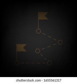 Route with flags sign. Icon as grid of small orange light bulb in darkness. Illustration.