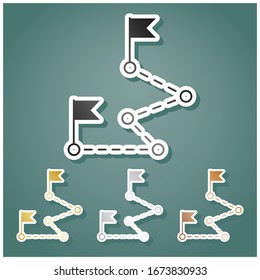 Route with flags sign. Set of metallic Icons with gray, gold, silver and bronze gradient with white contour and shadow at viridan background. Illustration.