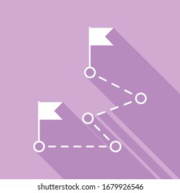 Route with flags sign. White Icon with long shadow at purple background. Illustration.