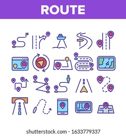 Route Gps Navigator Collection Icons Set Vector. Route Direction, Electronic Map Car Device And Phone App, Navigation Position And Pin Concept Linear Pictograms. Color Contour Illustrations