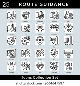 Route Guidance icon set collection in outline style. an icon pack contain fountain, pin, direction, smartwatch, speed limit, compass, sign, map, location, lighthouse