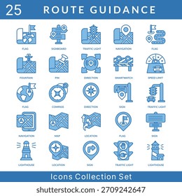 Conjunto de iconos de guía de ruta colección en estilo azul. un paquete de iconos contiene fuente, pin, dirección, reloj inteligente, límite de velocidad, brújula, signo, mapa, ubicación, faro