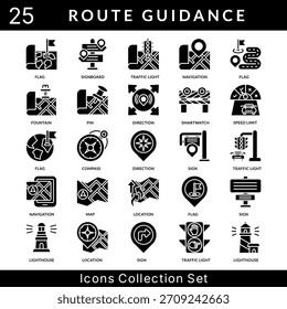 Conjunto de iconos de guía de ruta colección en estilo de glifo sólido. un paquete de iconos contiene fuente, pin, dirección, reloj inteligente, límite de velocidad, brújula, signo, mapa, ubicación, faro