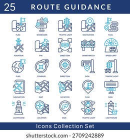 Conjunto de iconos de guía de ruta colección en estilo de color de contorno. un paquete de iconos contiene fuente, pin, dirección, reloj inteligente, límite de velocidad, brújula, signo, mapa, ubicación, faro