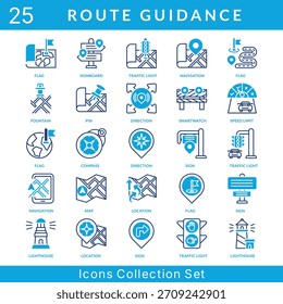Routenleitfaden-Symbolsatz-Kollektion im gemischten Stil. ein Icon-Paket enthält Brunnen, Pin, Richtung, Smartwatch, Geschwindigkeitsbegrenzung, Kompass, Schild, Karte, Lage, Leuchtturm