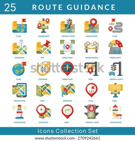 Route Guidance icon set collection in flat style. an icon pack contain fountain, pin, direction, smartwatch, speed limit, compass, sign, map, location, lighthouse