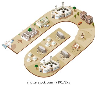 Route of Hajj. Vector illustration, description is here http://j.mp/ihram