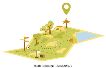 Route for hiking with tents, signpost, compass, binoculars, magnifying glass, lantern, lake. Volumetric map with a laid route. Vector illustration.