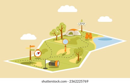 Route for hiking with tents, signpost, compass, binoculars, magnifying glass, lantern, lake. Volumetric map with a laid route. Vector illustration.