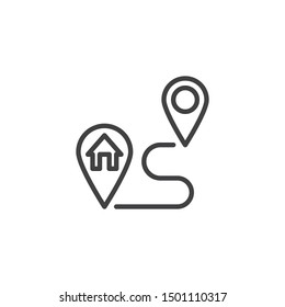 Route to Home line icon. linear style sign for mobile concept and web design. Home address navigation route outline vector icon. Symbol, logo illustration. Vector graphics