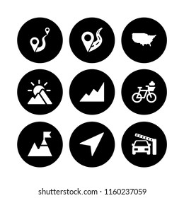 route icon. 9 route set with distance to travel between two points, bicycle, frontier and location on road vector icons for web and mobile app