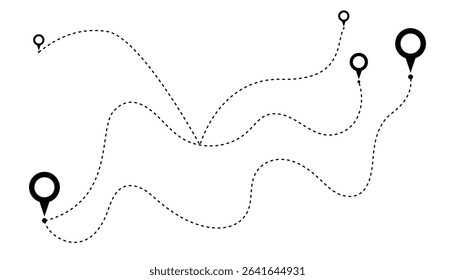 Route icon between many points with dotted line. GPS navigation line route mark. location pointer. dotted path and black location pin