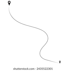 Route icon between two points with dotted path and location pin. Location pointer continuous one line drawing. GPS navigation line route mark. Vector illustration isolated on white  Black