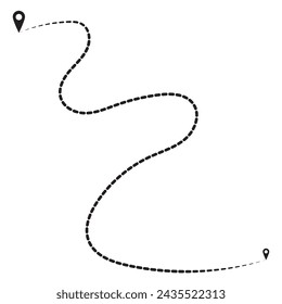 Route icon between two points with dotted path and location pin. Location pointer continuous one line drawing. GPS navigation line route mark. Vector illustration isolated on white  Black