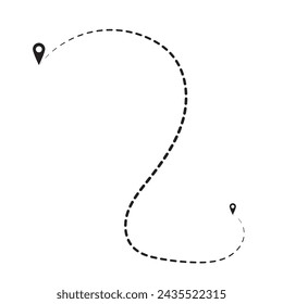 Route icon between two points with dotted path and location pin. Location pointer continuous one line drawing. GPS navigation line route mark. Vector illustration isolated on white  Black