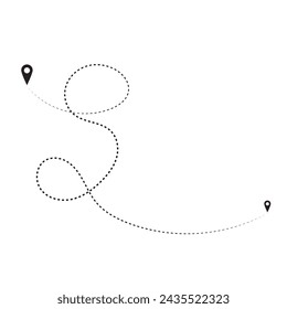 Route icon between two points with dotted path and location pin. Location pointer continuous one line drawing. GPS navigation line route mark. Vector illustration isolated on white  Black