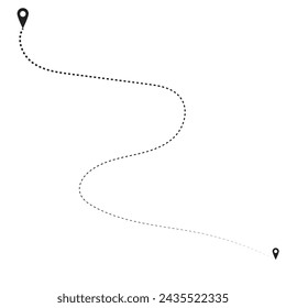 Route icon between two points with dotted path and location pin. Location pointer continuous one line drawing. GPS navigation line route mark. Vector illustration isolated on white  Black