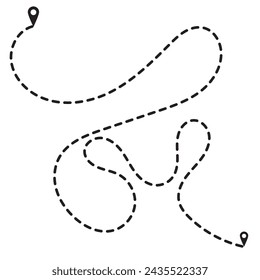 Route icon between two points with dotted path and location pin. Location pointer continuous one line drawing. GPS navigation line route mark. Vector illustration isolated on white  Black