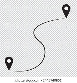 Route icon between two points with dotted path and location pin. Location pointer continuous one line drawing. GPS navigation line route mark. Vector illustration isolated on white  Black