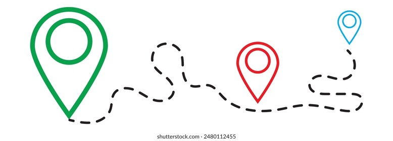 Route icon between two points with dotted path and location pin. Location pointer continuous one line drawing. GPS navigation line route mark. eps 10