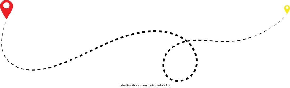 Icono de ruta entre dos puntos con trazado punteado y pin de ubicación. Puntero de Locación de dibujo continuo de una línea. Marca de ruta de la línea de navegación GPS Ilustración vectorial aislada en blanco Negro