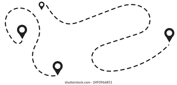 Routensymbol zwischen zwei Punkten mit gepunktetem Pfad und Positionsstift. Positionszeiger, fortlaufende einzeilige Zeichnung. GPS-Navigationslinienstreckenmarkierung. eps 10