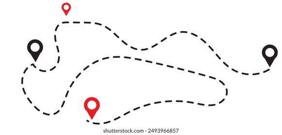 Routensymbol zwischen zwei Punkten mit gepunktetem Pfad und Positionsstift. Positionszeiger, fortlaufende einzeilige Zeichnung. GPS-Navigationslinienstreckenmarkierung. eps 10