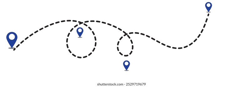 Ícone de rota entre dois pontos com caminho pontilhado e pin de localização. Desenho contínuo de uma linha do ponteiro de localização. Marca de rota da linha de navegação GPS.