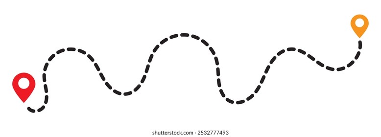 Route icon between two points with dotted path. Journey path sign. GPS navigation line route mark. Route navigate line sign. Picnic, travel route icon. Location pin. Road marker location vector.