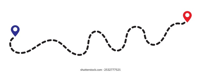Icono de ruta entre dos puntos con trazado de puntos. Señal de la ruta del trayecto. Marca de ruta de la línea de navegación GPS. Signo de línea de navegación de ruta. Picnic, icono de ruta de viaje. Locación pin. Vector de ubicación de marcador de carretera.