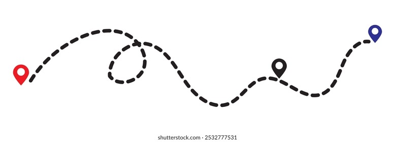 Ícone de rota entre dois pontos com caminho pontilhado. Sinal do trajeto. Marca de rota da linha de navegação GPS. Sinal de linha de navegação de roteiro. Piquenique, ícone da rota de viagem. Pino de localização. Vetor de localização do marcador rodoviário.