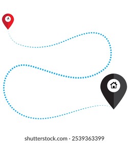 Route icon between two points with dotted path and location pin. Location pointer continuous one line drawing. GPS navigation line route mark. eps 10
