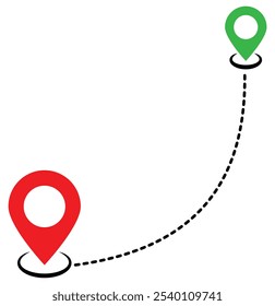 Ícone de rota entre dois pontos. Pinos de localização. Caminho pontilhado e pin de local. Marca de rota da linha de navegação GPS. Estrada do mapa.