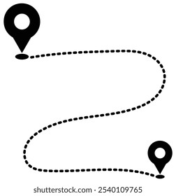 Route icon between two points. Location pins. Dotted path and location pin. GPS navigation line route mark. Map road.