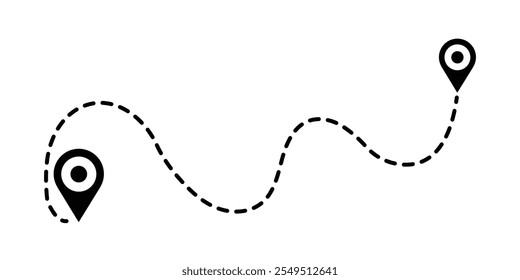 Route icon between two points with dotted path and location pin. Location pointer continuous one line drawing. GPS navigation line route mark sign symbol vector illustration.