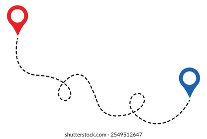 Route icon between two points with dotted path and location pin. Location pointer continuous one line drawing. GPS navigation line route mark sign symbol vector illustration.