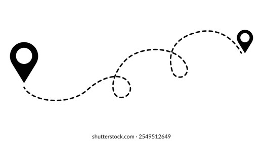 Route icon between two points with dotted path and location pin. Location pointer continuous one line drawing. GPS navigation line route mark sign symbol vector illustration.